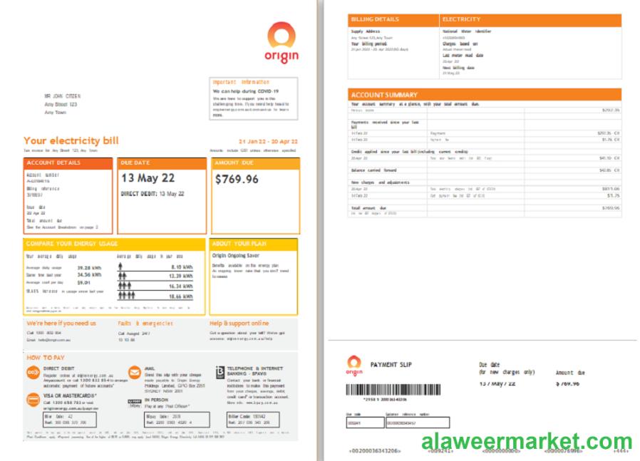 Origin utility bill template, in Word and PDF format, 4 pages